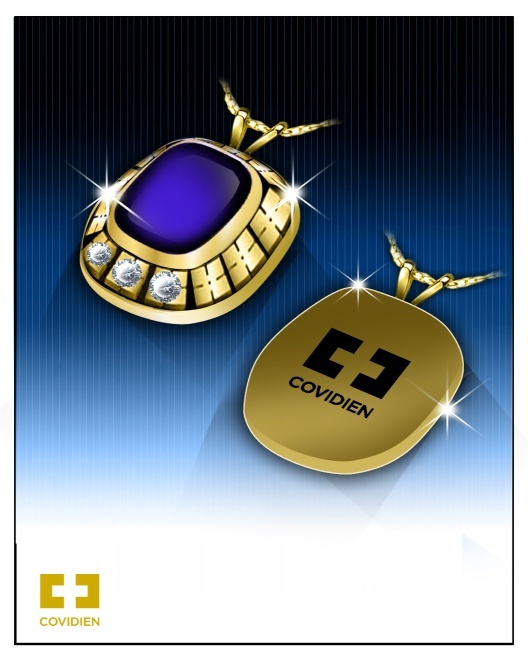 A digital illustration of two pendants. The pendants are made of gold and have a rectangular shape with a blue stone in the center. The stone is surrounded by small diamonds giving the pendants a luxurious and elegant look. The background is a gradient of blue and black creating a striking contrast with the gold pendant. The word "COVIDIEN" is written in white capital letters on the bottom right corner of the image.