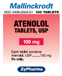 A label for Mallinckrodt a medication used in the United States. The label is rectangular in shape and has a pink background. The text on the label reads "ATENOLOL TABLETS USP 100 mg" in bold black letters. Below the text there is a description of the medication which states that each tablet contains: Atenolol USSP and Rx only. At the bottom of the label the company's logo ZyPharma is written in blue letters.