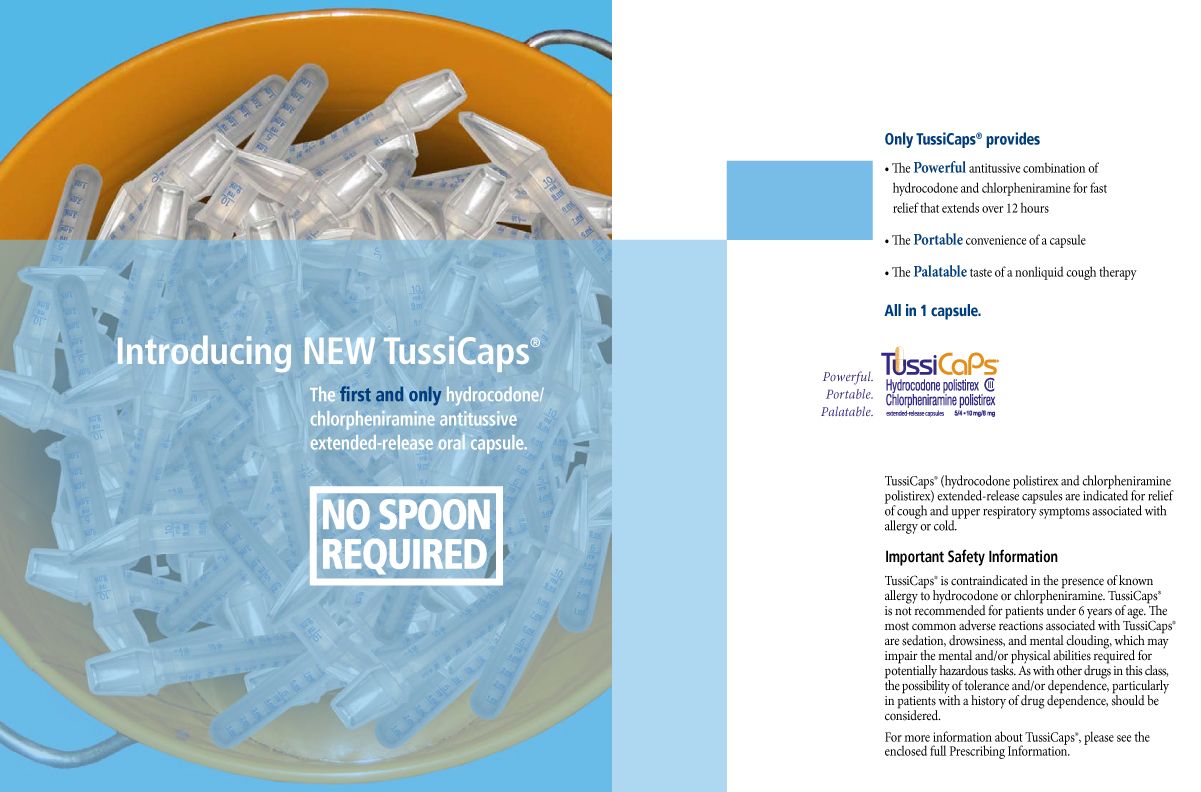 An advertisement for TussiCaps with the tagline "Introducing New Tuscans : the first and only hydrocodone/chlorpheniramine antitussive extended-release oral capsule : No spoon required". The text explains that TussiCaps are Powerful Portable and Palatable. On the left side of the image there is an orange bucket filled with discarded dosing spoons (showing the waste created by alternative methods of dosing similar products). There is also Important Safety Information at the bottom.