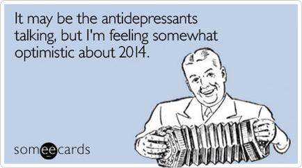 A black and white illustration of a man playing an accordion. The man is wearing a suit and tie and has a big smile on his face. He is holding the accordion in his hands and appears to be enjoying himself. The background is light blue and there is text above the illustration that reads "It may be the antidepressants talking but I'm feeling somewhat optimistic about 2014."