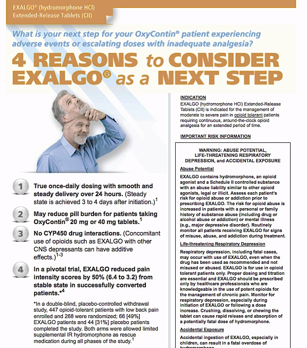 An advertisement for Exalgo with the tagline "4 Reasons to Consider Exalgo as a Next Step". The text lists the reasons as a bullet point list. It also includes a photograph of a smiling man touching his face. There is an Indication as well as Important Risk Information (including a boxed warning). The background is white with text in black orange and blue.