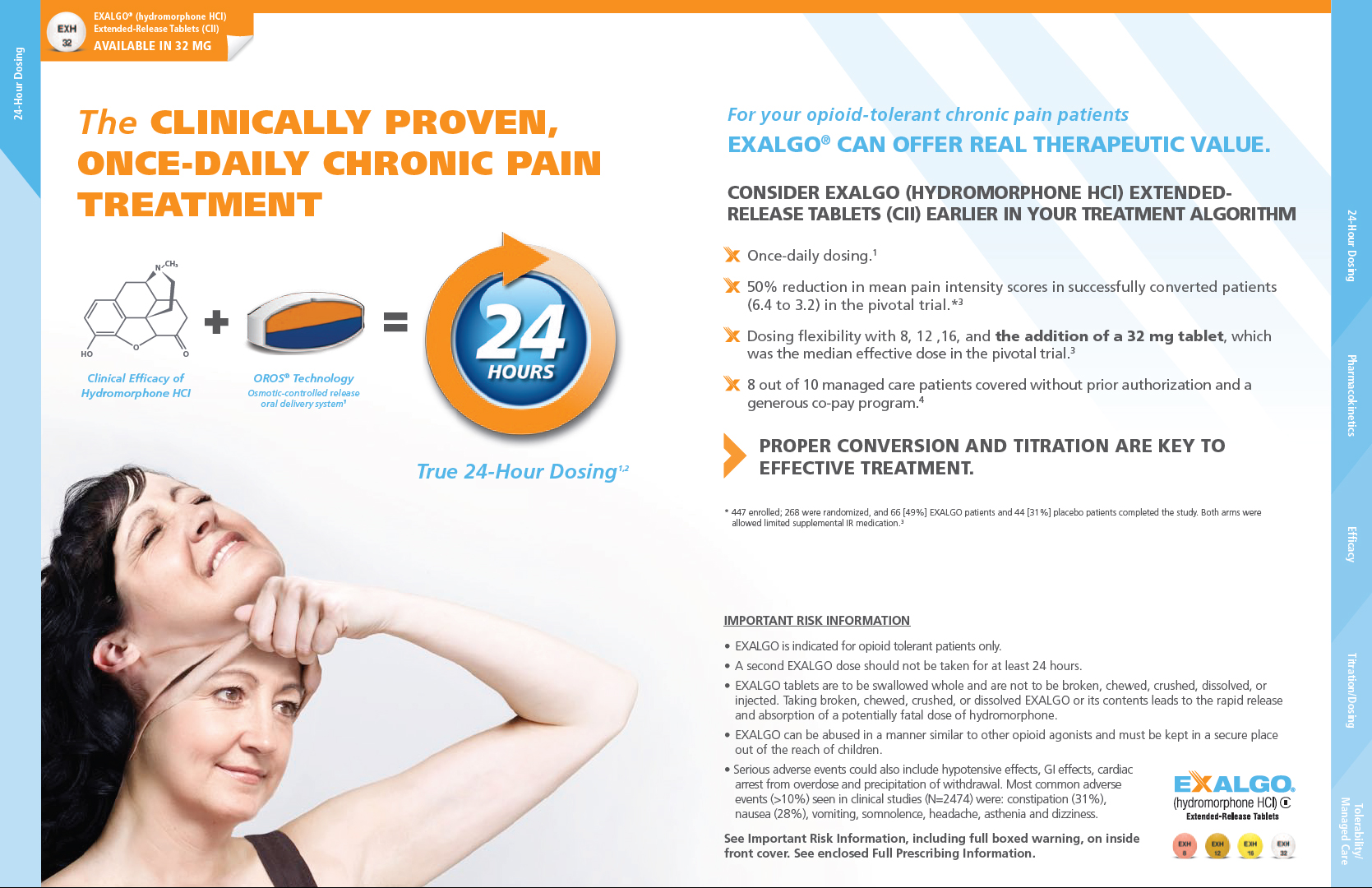 An advertisement for Exalgo with the tagline "The Clinically Proven Once-Daily Chronic Pain Treatment". The text lists product benefits in a bullet point list. It also includes a photograph of a smiling woman touching her face. There is Important Risk Information and the logo for Exalgo both at the bottom right. The background is white with text in black orange and blue.