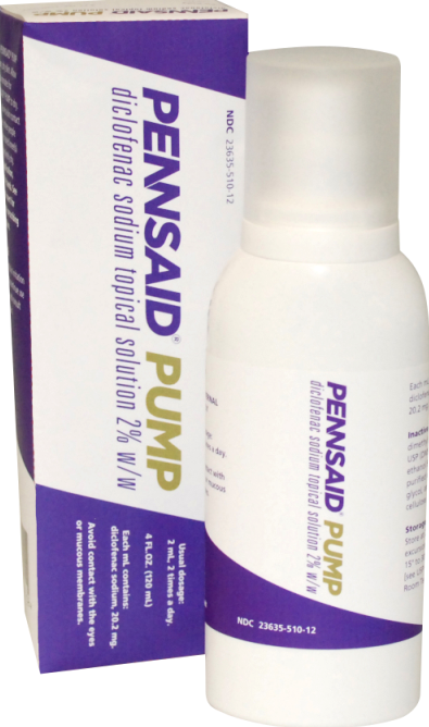 A white bottle of Pennsaid Pump with a purple box. The bottle is cylindrical in shape with a white cap and a purple label. The label has the brand name "Pennsaid Pump" written in bold black letters at the top. The box is rectangular in shape and has a purple and white design with the same brand name and product name written in white letters. The background of the image is white.