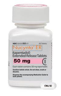 Of a bottle of Nucynta ER (tapentadol) Extended Release Tablets 50 mg with the front label visible. The background bottle and label are white with text in black and orange.