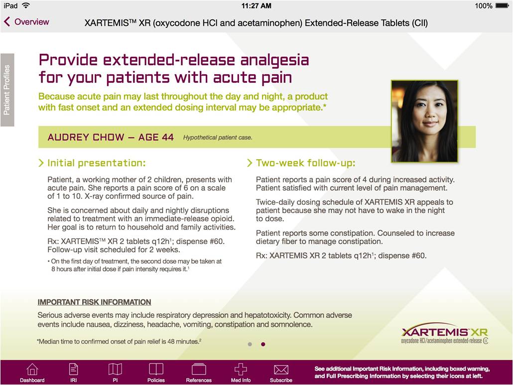 A web-based advertisement for Xartemis XR in the Patient Profiles section of the Xartemis XR website with the tagline "Provide extended-release analgesia for your patients with acute pain". It includes a hypothetical patient profile for Audrey Chow accompanied by a headshot discussing Initial presentation and the Two-week follow-up. There is also Important Risk Information the logo for Xartemis XR and a menu bar all at the bottom. The background is white and gray with text in black purple green and gray.