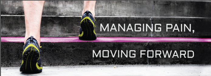 A pair of legs and feet walking up a set of stairs. The stairs are made of concrete and have a pink line running down the middle. The person is wearing black and yellow running shoes with black soles. The background is blurred but it appears to be an outdoor setting with a concrete wall. Overlaid on the image is text that reads "Managing Pain Moving Forward."