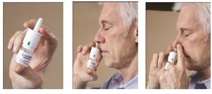 A collage of three photographs of an elderly man using an asthma inhaler. The first photograph on the left shows the man holding the inhaler in his hand and using it to inhale the air. The second photograph in the middle shows the same man using the inhalers but with his eyes closed and his mouth slightly open. The third photograph shows him using a small white device with a green label on it. The device appears to be an inhaler and the man is wearing a blue shirt. The background is a plain beige color.