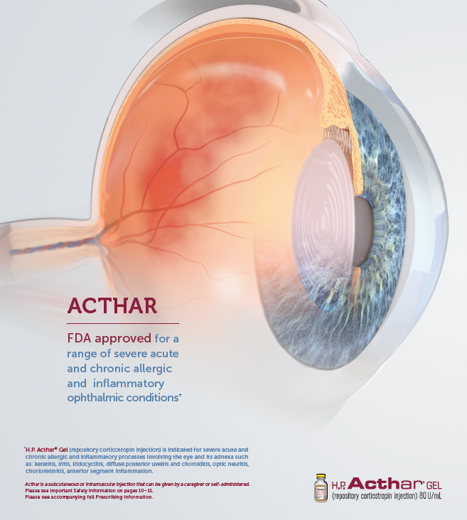 An illustration of an eye with the text "ACTHAR FDA approved for a range of severe acute and chronic allergic and inflammatory ophthalmic conditions" above it. The eye is shown in a cross-section with the outermost part of the eye visible on the right side of the image. The retina is shown as a light blue color while the innermost part is a darker blue.<br /><br />The image also includes a label on the bottom right corner that reads "H.P. Acthar Gel" and a logo for the company. The label also mentions that the product is a gel that helps to reduce the appearance of wrinkles and fine lines in the eye. The image is likely promoting the FDA's approval for the use of ACTHAR which is a type of eye treatment.