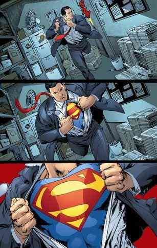 A collage of three panels from a comic book. The first panel shows a man in a suit with the iconic Superman logo on his chest. He is standing in an office with stacks of papers and a fan in the background. The second panel shows the man in the suit holding a red cape and appears to be in the middle of a fight. The third panel shows him in a fighting stance with his fists clenched and his eyes focused on something in the distance. The overall mood of the image is tense and action-packed.