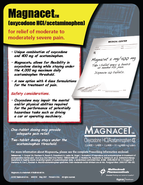 An advertisement for Magnacet with the tagline "Magnacet (oxycodone HCl / acetaminophen) : for relief of moderate to moderately severe pain". It includes product benefits safety considerations and references. There is a drawing of a prescription for Magnacet. The background is gray and blue (with outlines of racing cars). The text is black red and white. The logo for Magnacet and the logo for Mallinckrodt Pharmaceuticals are at the bottom right. It is dated May 2007.