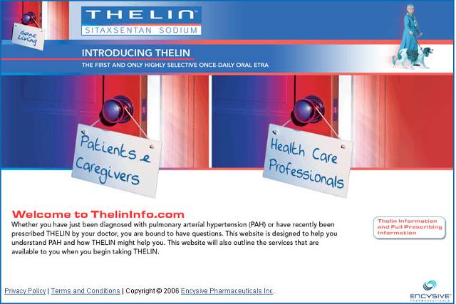 A screenshot of the homepage of a website called Thelin. The website has a blue and red color scheme with the company's logo at the top. Below the logo there is a banner that reads "Introducing Thelin - The first and only highly selective once-daily oral extra". <br /><br />On the right side of the page there are two banners with the text "Patients & Caregivers" and "Health Care Professionals" written on them. The banner on the left side has a picture of a person walking with a stethoscope around their neck. The text on the banner reads "Welcome to ThelinInfo.com".<br /><br />At the bottom of the image there has a link to the website's privacy policy and terms and conditions. The page also mentions that the website will also outline the services that are available to the user.<br /><br />Overall the image is promoting the website and its services.