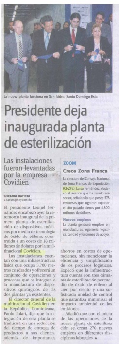 A newspaper clipping from a Spanish newspaper. The headline reads "Presidente deja inaugurada planta de esterilizaciÃ3n" which translates to "President of the plant of the future" in English. Below the headline there is a photo of a group of people holding a blue ribbon which is being cut by a man in a suit and tie. The people in the photo are smiling and appear to be celebrating the opening of a new plant. The background of the photo is white and the text is black. The newspaper clipping appears to be from a local newspaper as indicated by the logo in the top left corner.