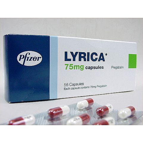 A blue box of Pfizer Lyrica 75mg capsules. The box is rectangular in shape and has the Pfizer logo on the top left corner. On the right side of the box there is a green label with the word "LYRICA" written in white. Below the label it says "75mg capsules" in bold white letters. The label also mentions that the capsules contain 75mg of prebiotic. In front of the blue box a blister pack of red and white pills is visible. The background is white.