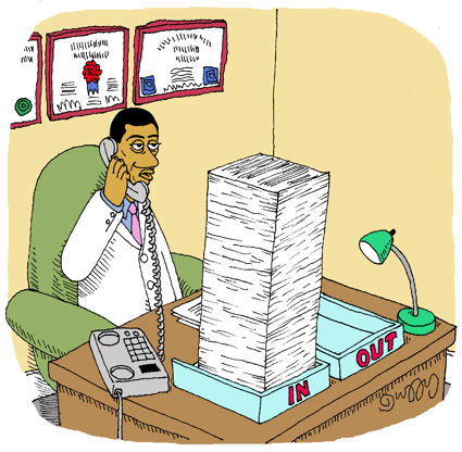 A cartoon illustration of a man sitting at a desk in an office. He is wearing a white lab coat and a pink tie and is holding a telephone receiver to his ear. He appears to be engaged in a conversation. On the desk there is a large stack of papers a telephone and a lamp. The papers are neatly stacked on top of each other and there are two boxes on the desk with the word "IN" and "OUT" written on them. Above the man there are three framed pictures hanging on the wall. The overall mood of the image is one of concentration and focus.