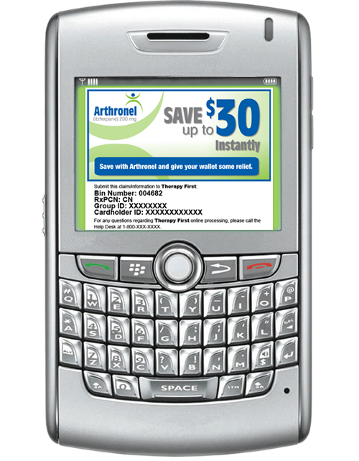 Of a blackberry phone with a green screen. The screen displays a message that reads "Save up to $30 instantly with Arthronel and give your wallet some relief." Below the message there is an image of the phone's home screen with a blue background and white text. The phone has a black keyboard with white letters and numbers. The word "SPACE" is written in red at the bottom of the screen.