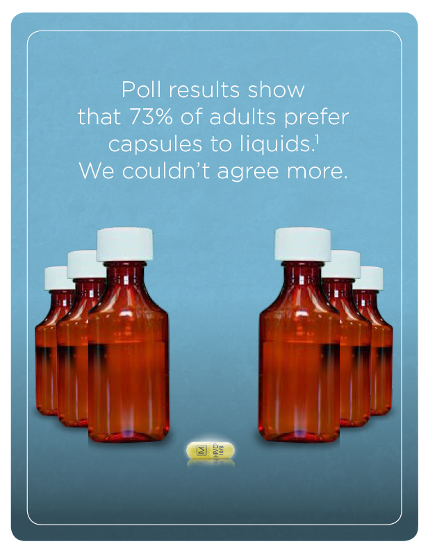 A row of six red glass bottles with white caps. The bottles are arranged in a line and appear to be filled with a liquid. The background is a light blue color. On the top right corner of the image there is a text that reads "Poll results show that 73% of adults prefer capsules to liquids. We couldn't agree more." Below the text there are two small yellow pills.