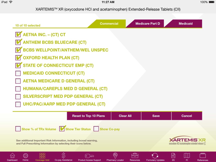 A screenshot of the XARTEMIS XR (oxycodone HCI and acetaminophen Extended-Release Tablets) app on an iPad. The app has a purple and white color scheme and the title of the app is written in bold black letters at the top. Below the title there is a list of 10 selected tablets each with a title and a brief description. <br /><br />The tablets are arranged in a table format with the first tablet on the left side of the table and the second tablet in the middle. The first tablet is labeled "AETNA INC. (CT) CT" and the third tablet is titled "Medicare Part D". The table also has a checkbox next to it indicating that the user can select the tablet they want to use.<br /><br />At the bottom of the screen there are several options for the user to choose from such as "Reset to Top 10 Plans" "Clear All" and "Save". There is also a button to save the app and a "Cancel" button to cancel the app.