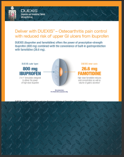 An advertisement for Duexis a medication used to treat osteoarthritis pain control with reduced risk of upper GI ulcers from ibuprofen. The advertisement is displayed on a white background with a blue diamond plate pattern.<br /><br />In the center of the image there is an illustration of a pill with an orange circle around it. The pill is labeled with the product name and dosage information. The label also mentions that the pill contains 800 mg ibuprofen which is a medication that helps to reduce the risk of the lower GI ulcer. The text on the image states that the product is 26.6 mg FAMOTIDINE which helps to improve the overall health and well-being of the patient.