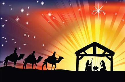 A digital illustration of a nativity scene. It shows the birth of Jesus Christ in the manger with three wise men and three wise women on camels. The background is a gradient of orange yellow and red with a starry sky and rays of light shining down on the scene. The scene is set in a desert-like landscape with a small wooden stable in the foreground. The figures are silhouetted against the sky and there are small white stars scattered throughout the image. The overall mood of the image is peaceful and serene.