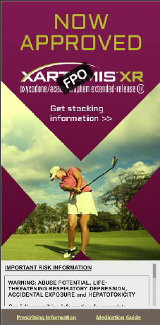 A cover page of a book titled "Now Approved XART FPO M15 XR Oxycodone/acetaminophen extended-release II". The cover page has a purple background with a photo of a golfer in action on a golf course. The golfer is wearing a pink shirt and white shorts and is holding a golf club. The title of the book is written in bold white letters at the top of the page. Below the title there is a warning message that reads "Important risk information: Warning: Abuse potential life-threatening respiratory depression accidental exposure and hepatotoxicity." At the bottom of the cover page there are several bullet points that provide information about the book's contents.