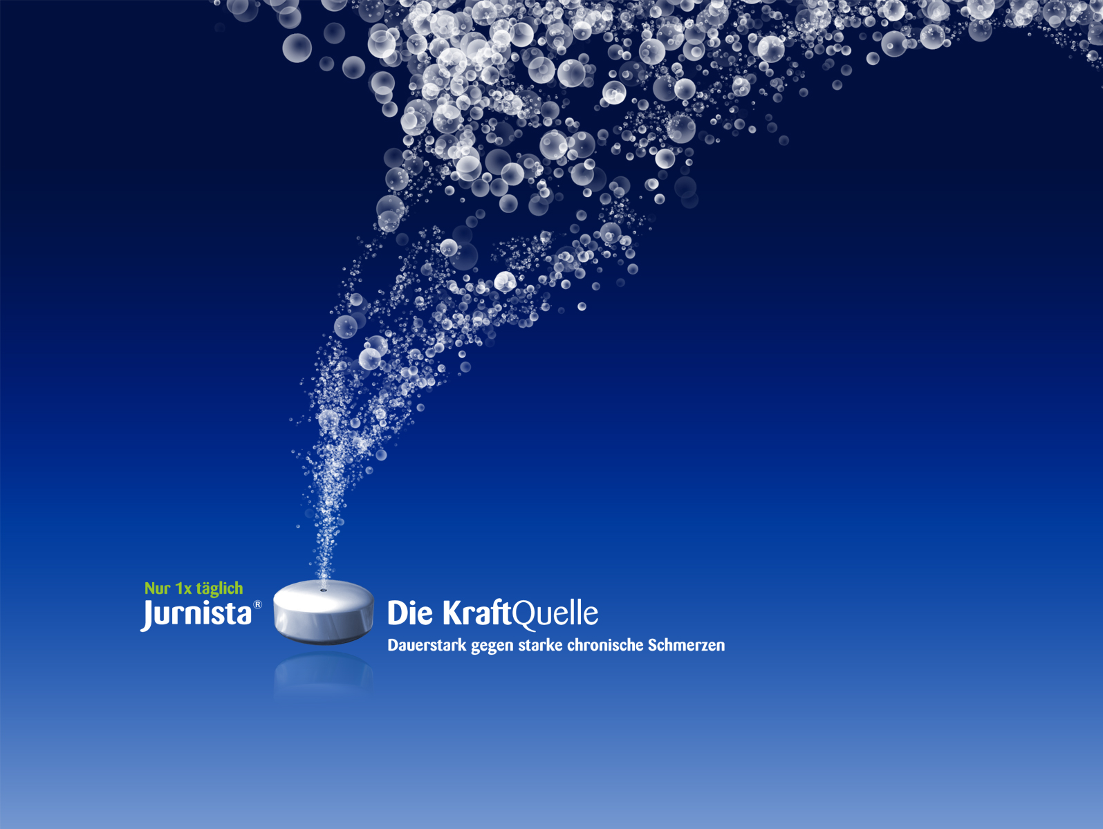 A digital illustration of a blue background with a small pill at the bottom-left corner. The pill appears to have a stream of bubbles coming out of its center. At the bottom of the image there is text that appears to be in German reading "Nur 1x taglich Jurnista Die Kraftquelle Dauerstark gegen starke chronische Schmerzen."