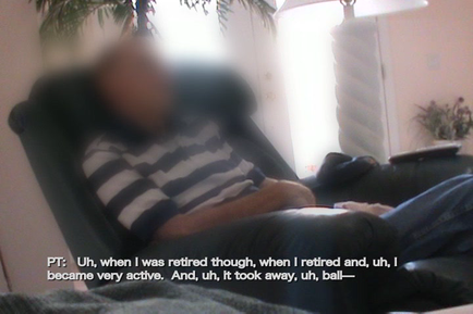 A person lying on a black armchair in a living room. The person is wearing a striped shirt and blue jeans. They are lying on their stomach with their head resting on the armrest of the chair. The background shows a window with white curtains and a plant in the corner. The image is slightly blurred but it appears to be taken from a distance. There is a text overlay on the image that reads "PT: Uh when I was retired thought when i retired and uh I became very active. And uh. It took away uh ball."