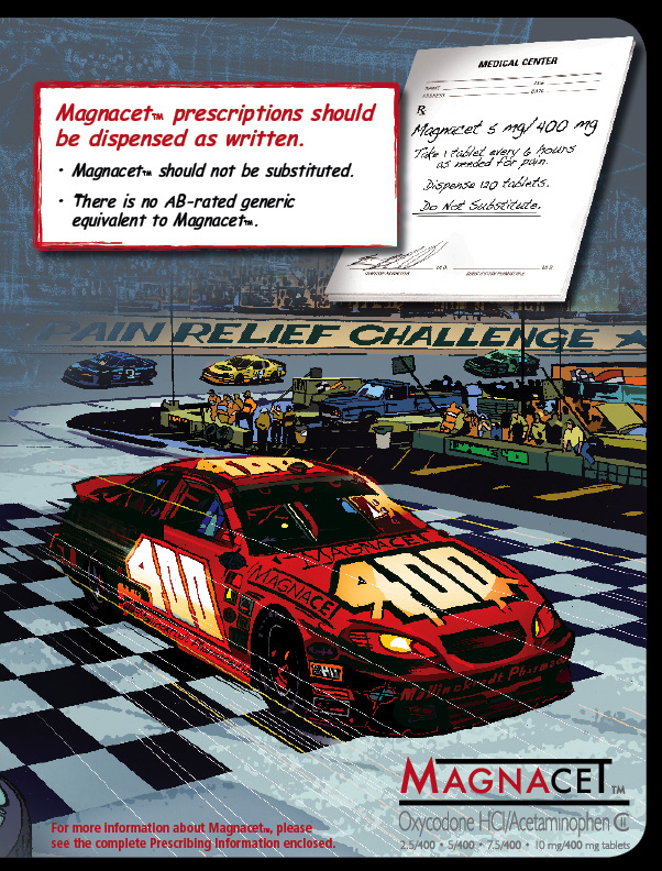 An advertisement for Magnacet. The background of the image is a race track with a red car in the center. The car has the number 400 on it and it is driving on a checkered track. The text on the image reads "Magnacet prescriptions should be dispensed as written. Magnacet should not be substituted. There is no AB-rated generic equivalent to Magnacet." <br /><br />On the top right corner there is an illustration of an example prescription. <br /><br />The image also has a banner behind the car with the text "Pain Relief Challenge". The Magnacet logo is at the bottom right corner of the image.