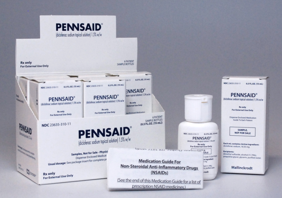 A set of medical supplies from the brand Pennsaid. There are six white boxes with the brand name "Pennsaid" written in bold black letters on the front. The boxes are arranged in a pyramid-like shape with the top box being the largest and the bottom two boxes being the smallest. <br /><br />On the right side of the image there is a small white bottle with a dropper cap and a label that reads "Medication Guide for Non-Sterilized Anti-Inflammatory Drugs". Next to the bottle there are two smaller white boxes one with the same brand name and the other with a label. The background is plain white.<br /><br />The items appear to be new and unused with no visible signs of wear or tear.