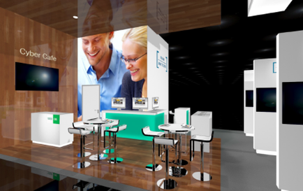 A modern exhibition stand for a caber came. The stand has a wooden floor and white walls. On the left side of the stand there is a large banner with a photo of a man and a woman smiling and looking at each other. The banner also has the words "caber came" written in bold blue letters. In front of the banner there are several white tables and chairs arranged in a semi-circle with a green countertype in the center. The tables have a modern design with a glass top and metal legs. There are also several computer monitors on the countertype. On the right side there appears to be a white booth with a large screen on the wall. The booth is decorated with a blue and white color scheme. The overall aesthetic of the exhibition stand is sleek and contemporary.