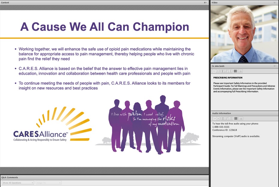 A screenshot of a webpage from the Care Alliance website. The webpage is titled "A Cause We All Can Champion" and has a title at the top that reads "Working together we will enhance the safe use of opioid pain medications while maintaining the balance of appropriate access to pain management thereby helping people who live with chronic pain. CARE Alliance is based on the belief that the answer to effective pain management lies in education innovation and collaboration between healthcare professionals and people with pain." Below the title there is an image of a group of people standing in a line representing the care alliance. <br /><br />On the right side of the page there are two tabs - "Home" and "About" - with a photo of a man in a blue shirt and tie on the top right corner. On the bottom right corner there has a link to the website's contact information page.