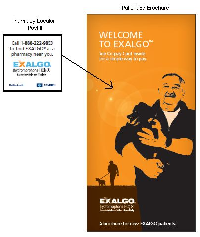 A mock-up of a patient education brochure for Exalgo. The main text of the page reads "Welcome to Exalgo" with smaller text reading "See Co-pay Card inside for a simple way to pay." written underneath. The background of the image is orange and on the right side there is an illustration of a man holding a black dog. He is holding the dog in his arms and appears to be happy. On the left side a text box is labeled  "Pharmacy Locator Post It" and it reads "Call 1-888-222-9853 to find EXALGO at a pharmacy near you." There is an arrow pointing to where this text box should go on the final brochure. The Exalgo logo is at the bottom left corner of the brochure.