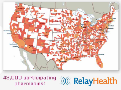 A map of the United States showing the percentage of participating pharmacies in each state. The map is color-coded with each state in orange representing a different percentage. The states are labeled with the names of the pharmacies such as "RelayHealth" and "43000 participating pharmacies!" The map also includes a legend that explains the colors used in the map. The background of the map is white and the text is in black.