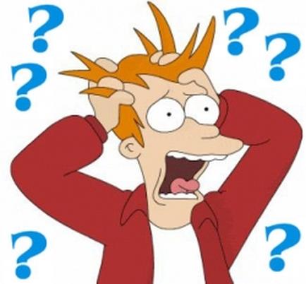 A cartoon illustration of a young man with orange hair and a surprised expression on his face. He is wearing a red shirt and has multiple question marks above his head indicating that he is confused or confused. His eyes are wide open and his mouth is slightly open as if he is shouting or shouting. The background is white.