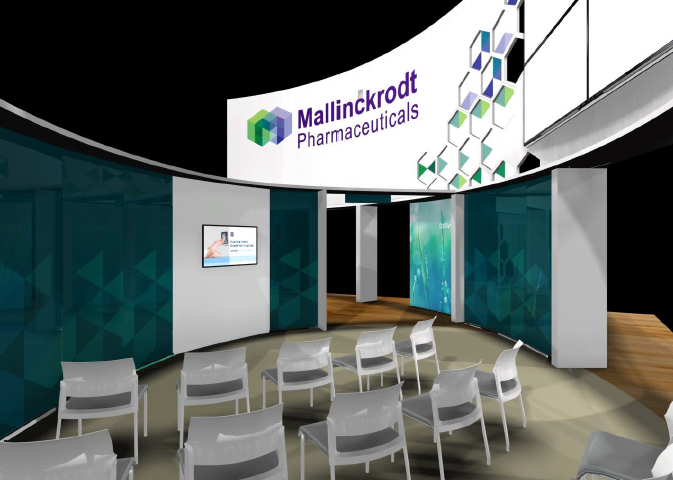 A 3D rendering of a modern exhibition stand for Mallinckrodt Pharmaceuticals. The stand is circular in shape and has a white background with a blue and green geometric pattern. On the left side of the stand there is a large screen displaying the company's logo and name in purple and green colors. In front of the screen there are several white chairs arranged in a semi-circle facing the same direction. The floor is made of light-colored wood and there are two large windows on the right side allowing natural light to enter the space. The overall design of the booth is sleek and contemporary.