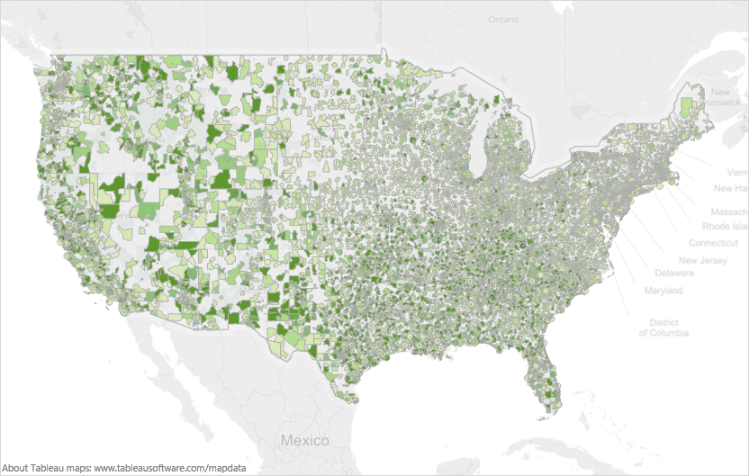 A map of the United States of America. It shows the borders of each county. Each county is filled in with different shades on a gradient from white to green. There is no key indicating what the shades mean. A footer on the map indicates that the graphic was created in Tableau. 