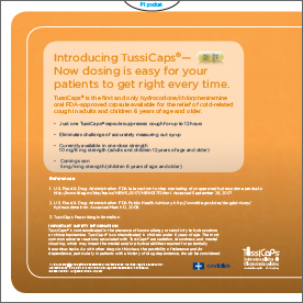 An advertisement for TussiCaps. The background of the image is orange. The text is divided into two sections. <br /><br />The top section is titled "Introducing Tuscans -- Now dosing is easy for your patients to get right every time". Below the header there is a brief description of the product. Below the main text there are a number of academic references. The Tuscans and Covidien logos are at the bottom right corner of the page.