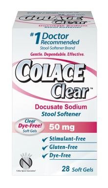 Of a white box of Colace Clear Docusate Sodium Stool Softener. The box is rectangular in shape and has a pink and white label on the front. The label has the brand name "Colace Clear" written in bold black letters at the top followed by the product name "1 Doctor Recommended" in smaller black letters. Below that there is a description of the product which states that it is a gentle dependable and effective product. <br /><br />The label also mentions that the product is 50 mg in weight and is suitable for use in a variety of applications. The product is a clear dye-free soft gel which is a type of dye that helps to reduce the appearance of wrinkles and fine lines on the skin.<br /><br />At the bottom of the label there are 28 soft gels indicating that the gels are suitable for all skin types.