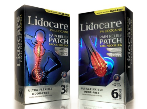 Two boxes of Lidocare Pain Relief Patch. The boxes are black with blue and yellow accents. The front of the boxes has an image of a person's back and neck with the text "Pain Relief Patch" above it. Below the image there is text that reads "Back/Shoulder" and "Arm Neck & Leg". The box on the left has a picture of the back of the person's neck and shoulder and the text on the right has a description of the product which states that it is an ultra-flexible odor-free patch. The box also has a label that says "Made in the USA" and a number "6" on the bottom right corner.