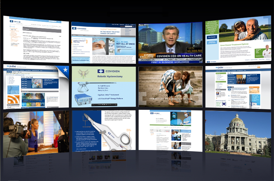 A collage of multiple screenshots of a website. The screenshots are arranged in a grid-like pattern with each screenshot representing a different aspect of the website's content. <br /><br />The first screenshot on the top left shows a webpage with a blue header and white text. The second screenshot shows a group of people smiling and looking at the camera. The third screenshot shows an image of a man in a suit and tie. The fourth screenshot shows two people hugging each other. The fifth screenshot shows the website homepage with a white background and blue text.<br /><br />In the center of the image there is a blue banner with the name and logo of Covidien. Below the banner there are several images of people working together including a doctor a nurse and a patient. On the right side of the page there appears to be a photo of a building with a dome and a blue sky in the background. The page also has a navigation bar at the top with links to different sections of the webpage.