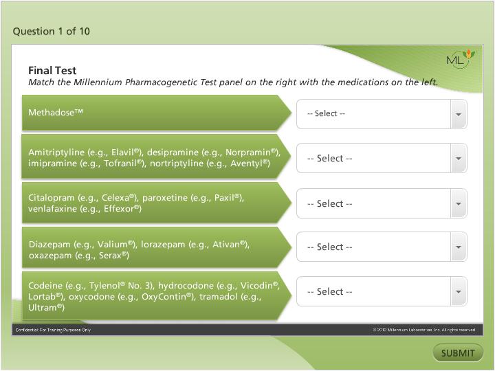 A screenshot of question 1 of 10 from a quiz.  The form is titled "Final Test" and has a green background with white text. The question reads: "Match the Millennium Pharmaceutical Test panel on the right with the medications on the left."<br /><br />On the left five medications are listed each with a drop-down box on the right. The user can click on the "Submit" button to submit the form.