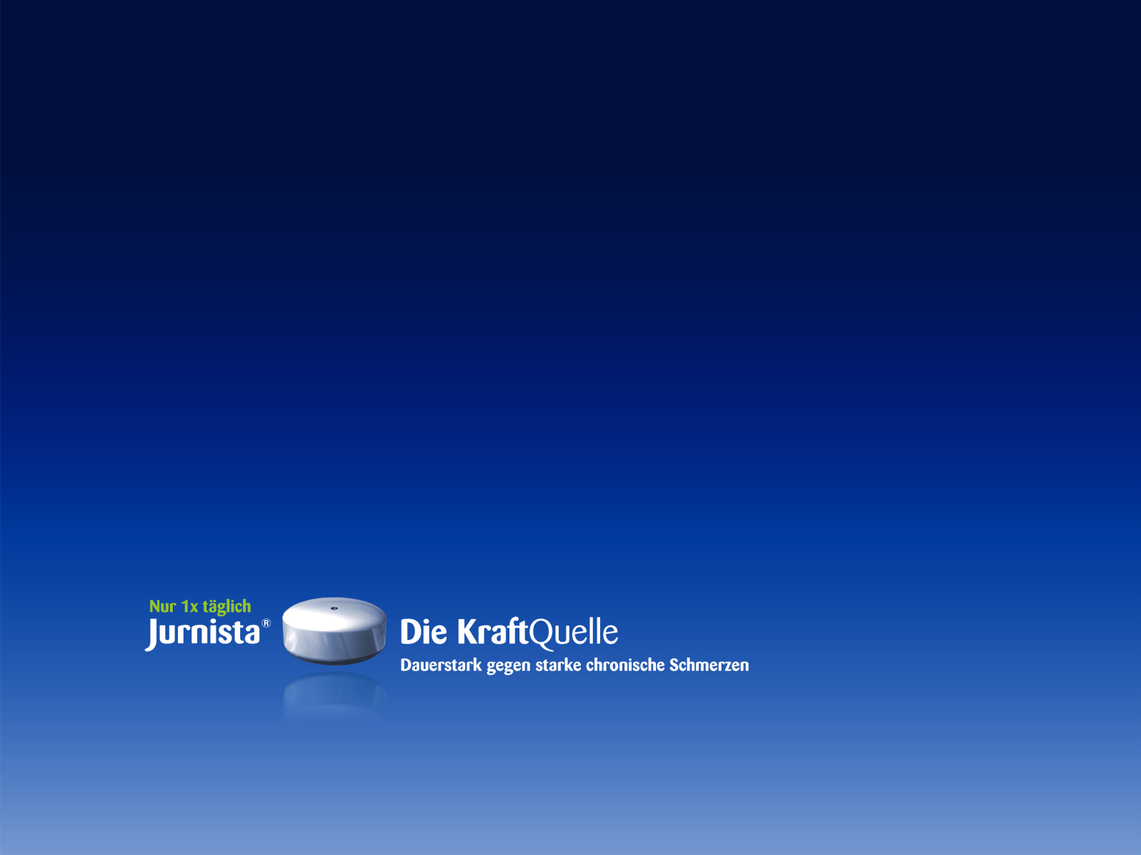 A blue background with a white text and a white pill in the bottom left corner. The text reads: "Nur 1x taglich Jurnista" on the left of the pill and "Die Kraftquelle Daufstärk gegen stärke chronische Schmerzen" on the right of the pill. The overall design of the image is simple and minimalistic.