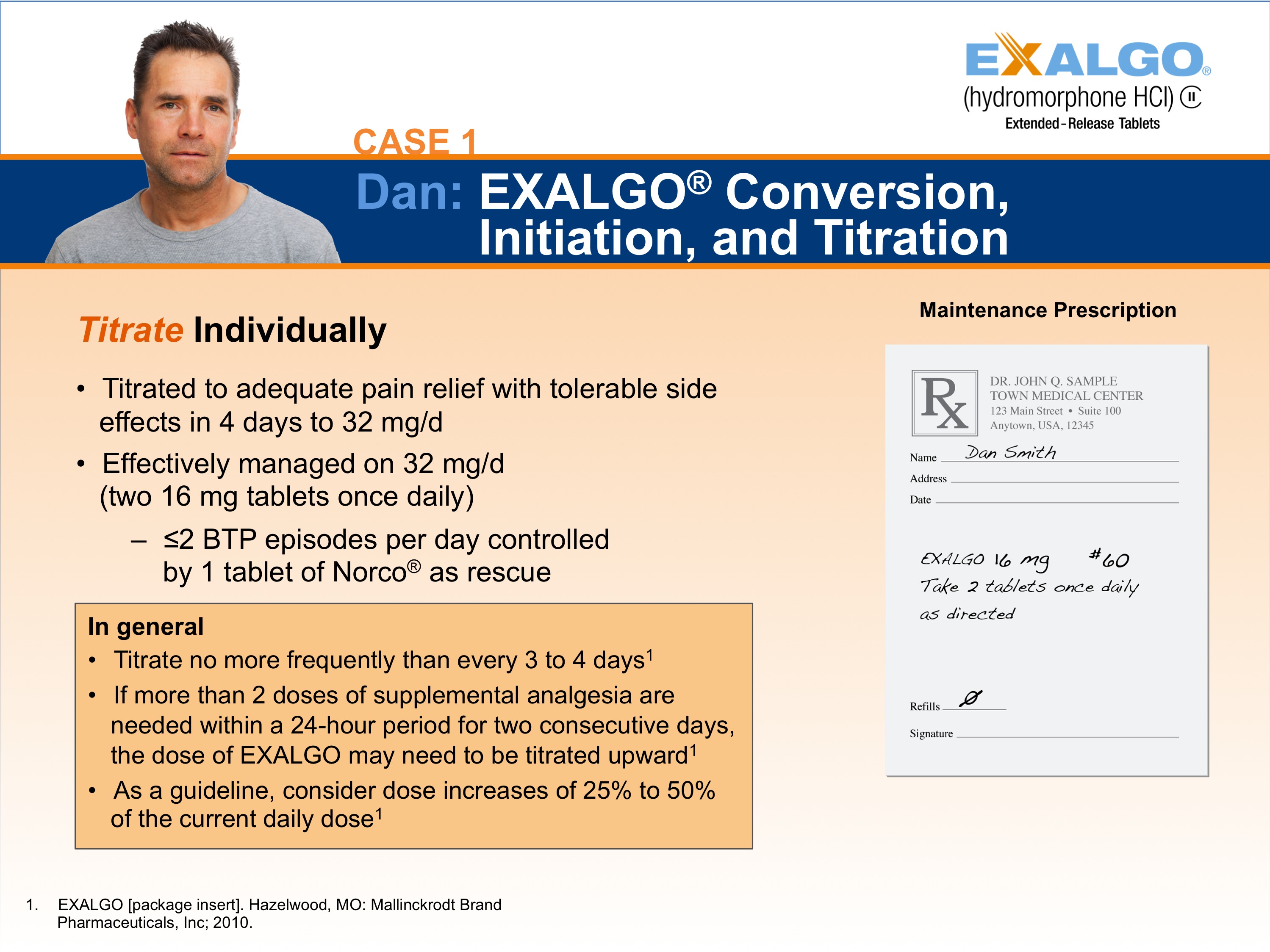 A slide from a presentation. The slide is titled "Case 1: Dan: Exalgo Conversion Initiation and Titration" where Dan is an example Exalgo patient. On the left side of the slide there is a photo of Dan a man with short dark hair wearing a gray t-shirt. He is looking directly at the camera with a serious expression on his face. <br /><br />The subtitle reads "Titrate Individually". Under the subtitle there are several bullet points stating that Dan is titrated to adequate pain relief with tolerable side effects in 4 days to 32 mg/d; effectively managed on 32mg/d two 16 mg tablets once daily; and had greater than two BTP episodes per day controlled by 1 tablet of Norco as rescue. Below the bullet points there is an orange text box with additional titration and dosing information. On the right side of the page there is an illustration of a sample prescription for Dan. The Exalgo logo is on the upper right corner of the page.