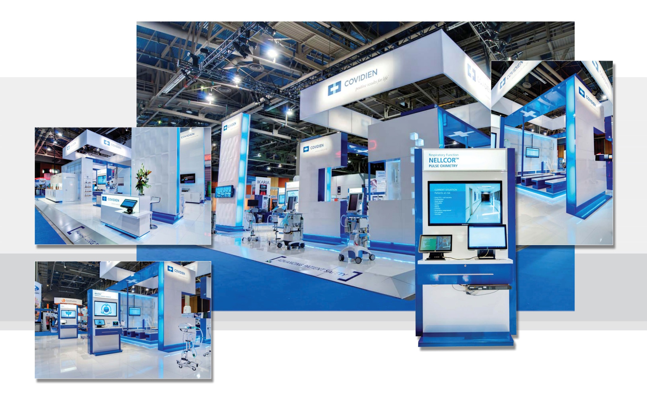 A collage of multiple photographs of a trade show booth. The booth is blue and white in color and has a modern design with a high ceiling and large windows. There are several booths and tables arranged in a semi-circular layout with a large screen on the right side of the booth displaying information about the booth's features. <br /><br />In the first photograph the booth is located in a large room with a blue floor and white walls. There is a large sign above the booth that reads "Covidien" in white letters. In the second photograph there is a smaller booth with a white countertop and a blue countertop. In front of the countertop there are several tables and chairs with various items on them.<br /><br />The third photograph in the fourth photograph shows the booth with two large screens on the front and a smaller screen on top. The background shows a large window with a view of a city skyline. The overall atmosphere of the image is professional and modern.