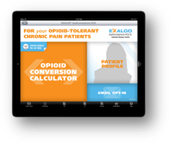 A screenshot of an iPad with the text "For your opioid-tolerant chronic pain patients" displayed on the screen. The iPad is black in color and has a rectangular shape. On the screen there is an orange banner with white text that reads "OPIOID CONVERSION CALCULATOR". Below the banner there are two buttons - "Patient Profile" and "Email Option". The background of the screen is white.