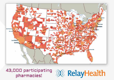 A map of the United States showing the percentage of participating pharmacies in each state. The map is color-coded with red representing the highest percentage and orange representing the lowest percentage. The states are labeled with the names of the pharmacies such as "RelayHealth" and "43000 participating pharmacies!" The map also includes a legend that explains the colors used in the map. The background of the map is white and the text is in black.