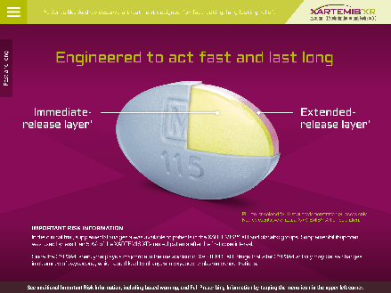 An advertisement for Xartemis XR from the Xartemis XR website with the tagline "Engineered to act fast and last long". It includes a diagram of a Xartemis XR pill showing that it has both an immediate-release layer and an extended-release layer. There is also Important Risk Information. The background is purple and green with the pill in blue and yellow and text in green and white.