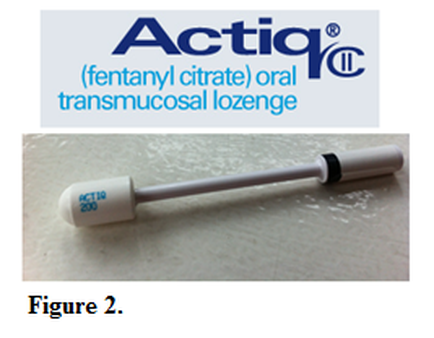 A small cylindrical device with a white cap and a silver body. The device is labeled with the brand name "actin" in blue letters at the top. Below that there is a label that reads "fentanyl citrate oral transmucosal lozenge". The device appears to be made of plastic and has a handle on one end. The body of the device is slightly curved and the cap is slightly open revealing the contents inside. The label also has the brand's logo and the words "Figure 2."