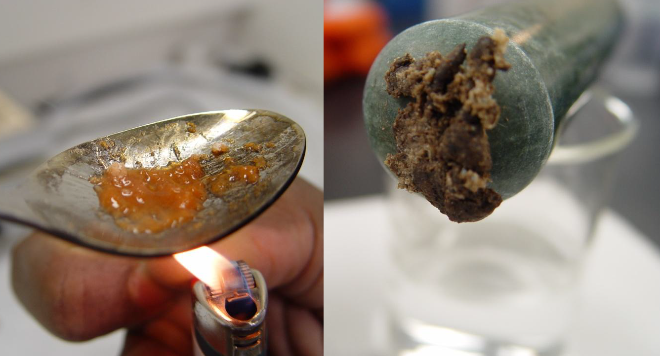 A collage of two photographs. On the left side there is a close-up of a person's hand holding a silver spoon with a small amount of orange-colored substance on it. The substance appears to be a mixture of orange and brown colors. The spoon is resting on a white surface and the person is holding a lighter in their hand.<br /><br />On the right side of the image there are two photographs side by side. The first photograph on the left shows the same spoon but it is slightly larger than the one on the right. The background is blurred but there are some objects visible in the background. The second photograph shows a small piece of green-colored object possibly a mortar or pestle that has been removed from the mortar. The mortar has a rough texture and is covered in dirt and grime.