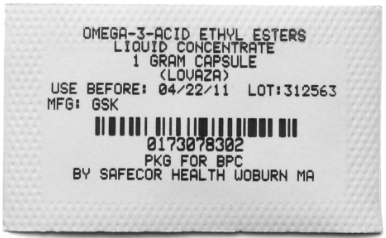 A label for a product called Omega-3-Acid Ethyl Esters Liquid Concentrate. The label is rectangular in shape and has a white background with black text. The text is written in a bold font and is centered on the label. Below the text there is a barcode and the product name "Use Before: 04/22/11 LOT: 312563 MFG: GSK" which is printed in black. <br /><br />The label also includes the product's serial number "01733078302" and the weight of the product "PKG for BPC by Safecor Health Woburn MA". The label also mentions that the product is a 1 gram capsule.