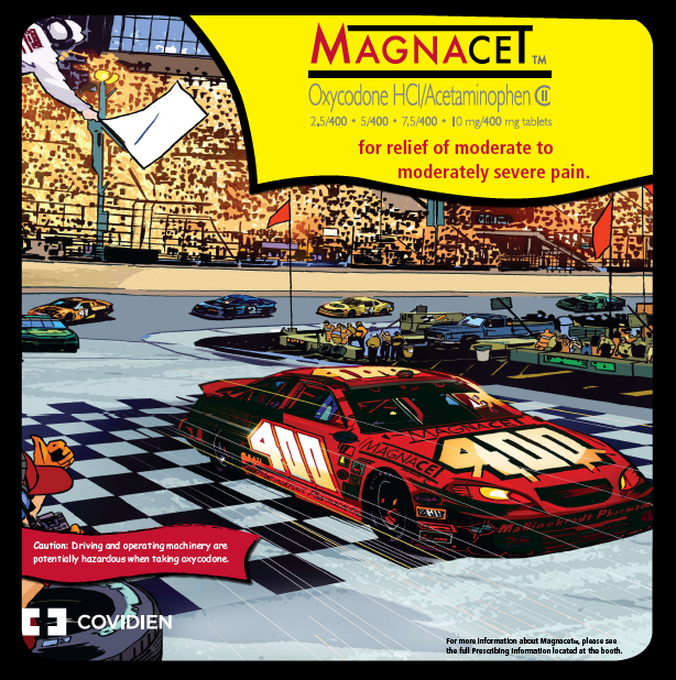 An illustration of a race track with a red car in the center. The car has the number 400 on it and the word "Magnacet" written on the side. The background shows a large crowd of spectators in the stands and other cars on the track. The text on the image reads "Magnacet Oxycodone HCI/Acetaminophen for relief of moderate to moderately severe pain." The image also includes a warning label that reads "Caution: Driving and operating machinery are potentially hazardous when taking oxycodone." The Covidien logo is in the bottom left corner of the page.